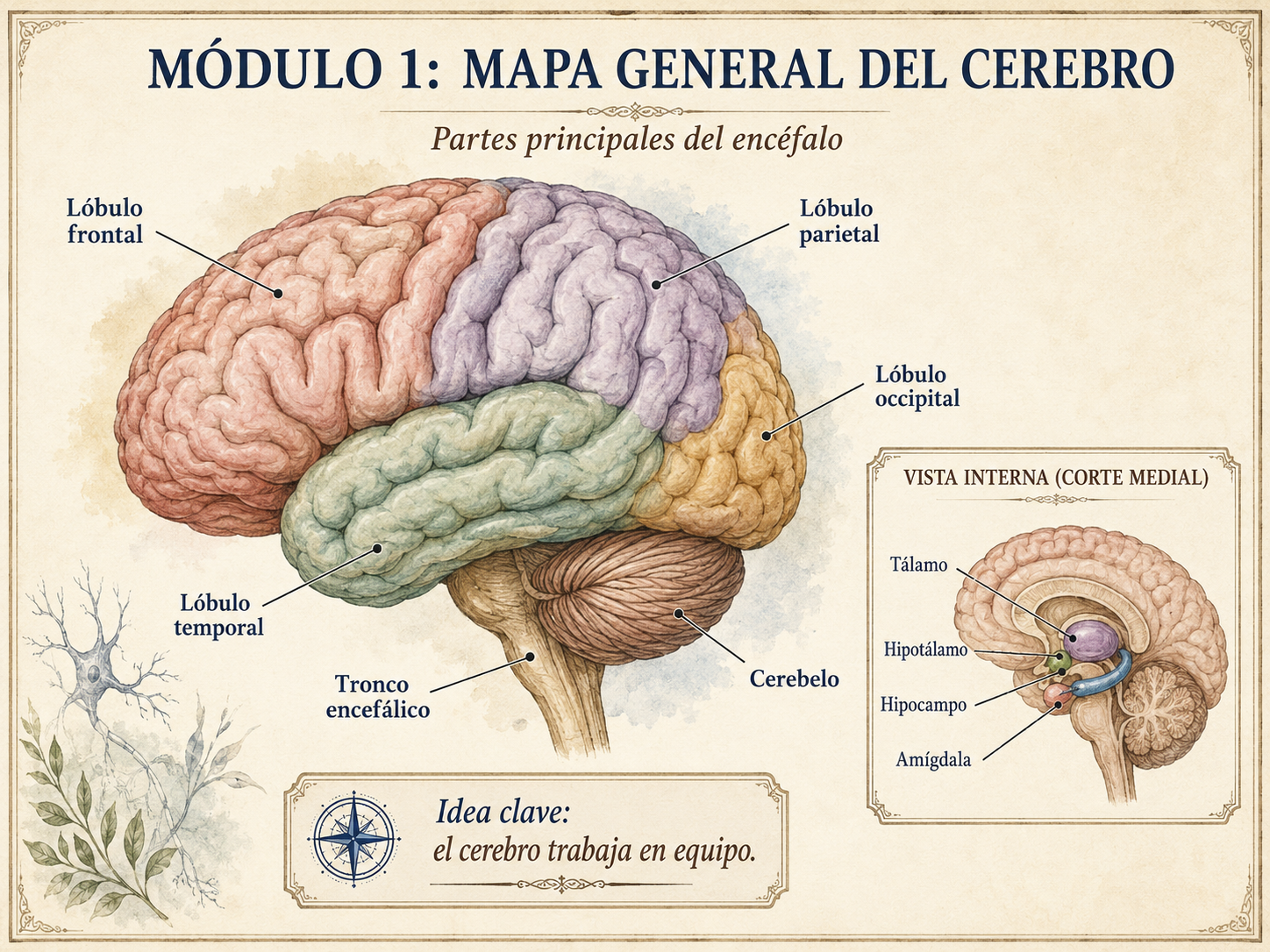 Diagrama del encéfalo mostrando sus tres partes: Cerebro, Cerebelo y Tronco encefálico con sus funciones principales